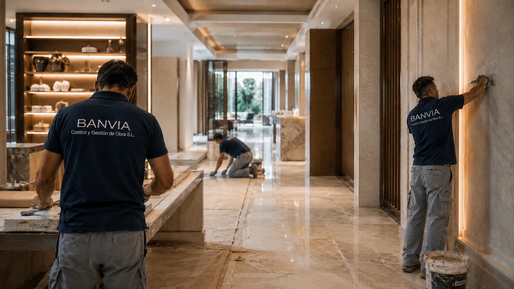 Operarios BANVIA cualificados trabajando en una rehabilitación hotelera premium